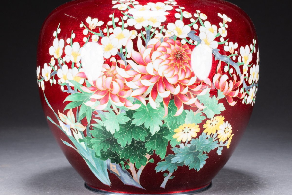 【善古堂】某収集家放出品 時代物「安藤七寶店」造 純銀覆輪 有線花卉紋花瓶2.9㎏ 直入識箱 古美術 骨董品74S-141S4 　