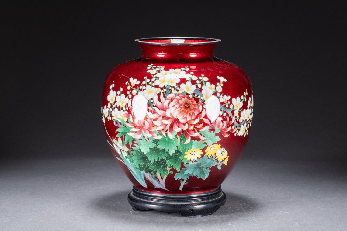 【善古堂】某収集家放出品 時代物「安藤七寶店」造 純銀覆輪 有線花卉紋花瓶2.9㎏ 直入識箱 古美術 骨董品74S-141S4 　
