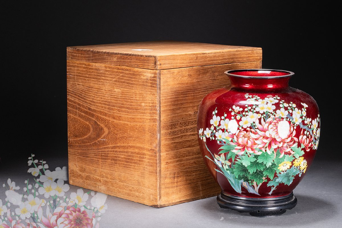 【善古堂】某収集家放出品 時代物「安藤七寶店」造 純銀覆輪 有線花卉紋花瓶2.9㎏ 直入識箱 古美術 骨董品74S-141S4 　