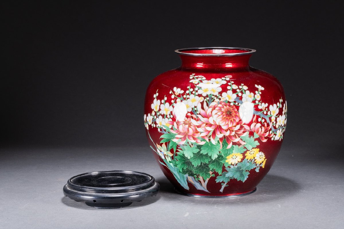【善古堂】某収集家放出品 時代物「安藤七寶店」造 純銀覆輪 有線花卉紋花瓶2.9㎏ 直入識箱 古美術 骨董品74S-141S4 　