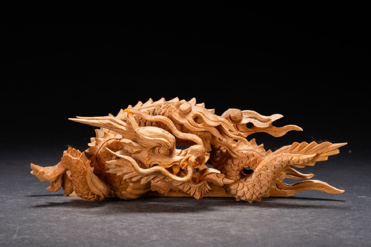 時代古作品❗】木彫極細密彫り 龍の図天然木建具板2枚 圧巻の作