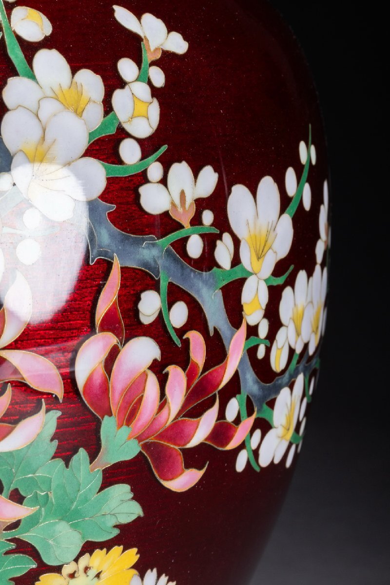 【善古堂】某収集家放出品 時代物「安藤七寶店」造 純銀覆輪 有線花卉紋花瓶2.9㎏ 直入識箱 古美術 骨董品74S-141S4 　