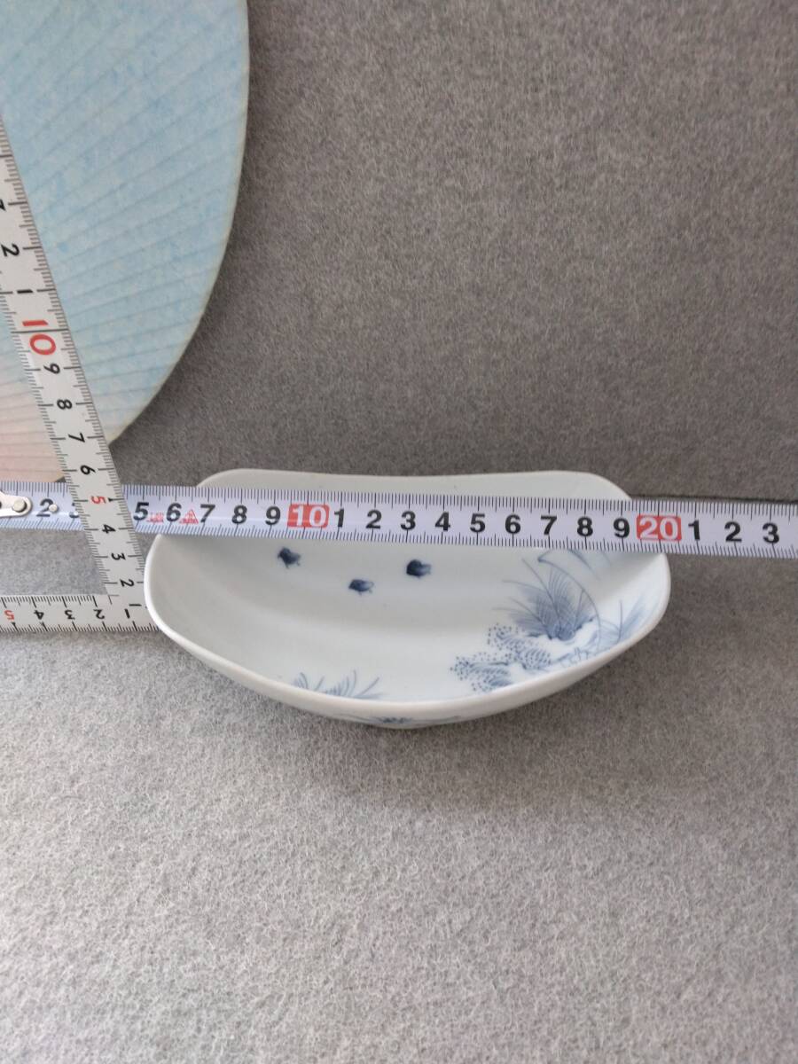 舟形皿　染付風景千鳥　手描き　白山　古陶磁　骨董　カケ小傷汚れあり　艦賞用　観賞用３枚ぐみ_画像8