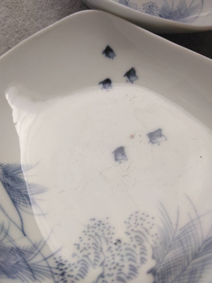 舟形皿　染付風景千鳥　手描き　白山　古陶磁　骨董　カケ小傷汚れあり　艦賞用　観賞用３枚ぐみ_画像4