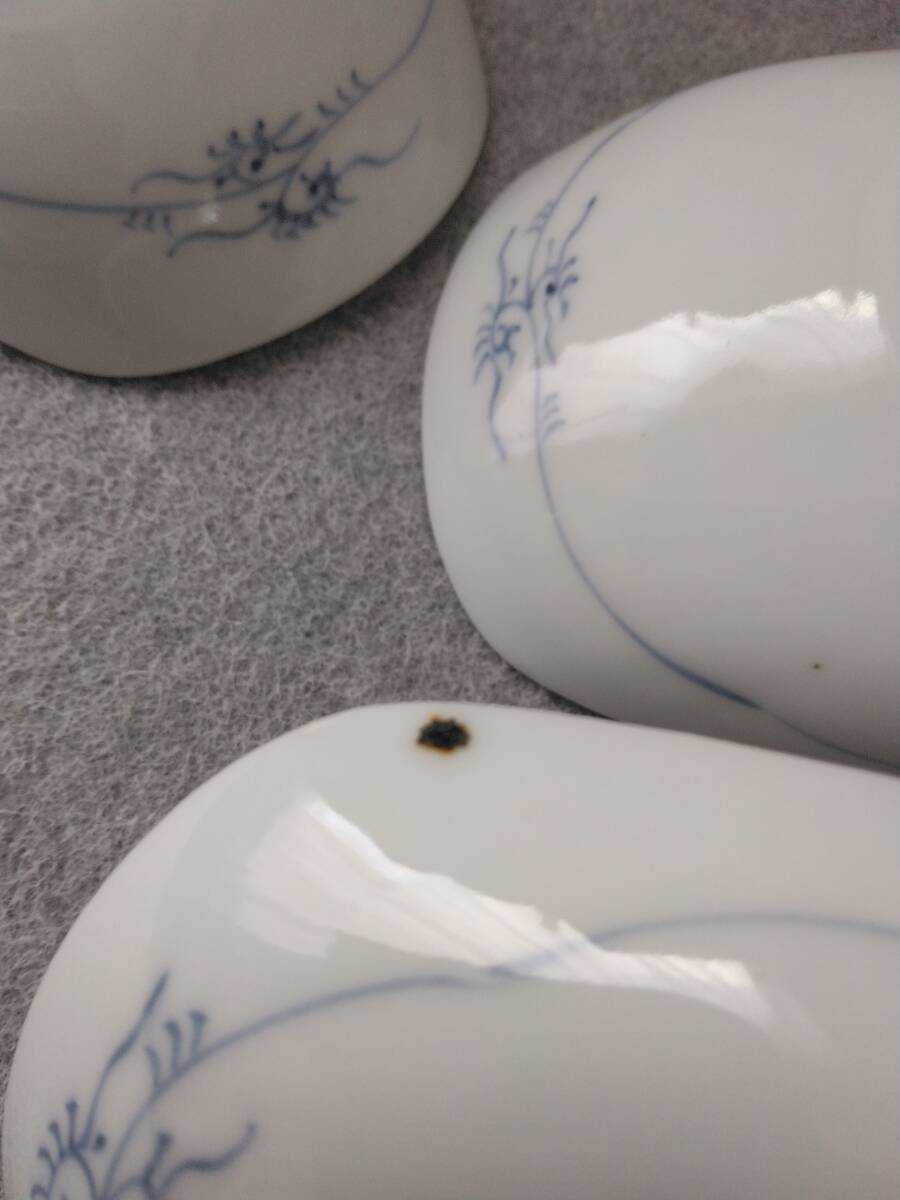 舟形皿　染付風景千鳥　手描き　白山　古陶磁　骨董　カケ小傷汚れあり　艦賞用　観賞用３枚ぐみ_画像5