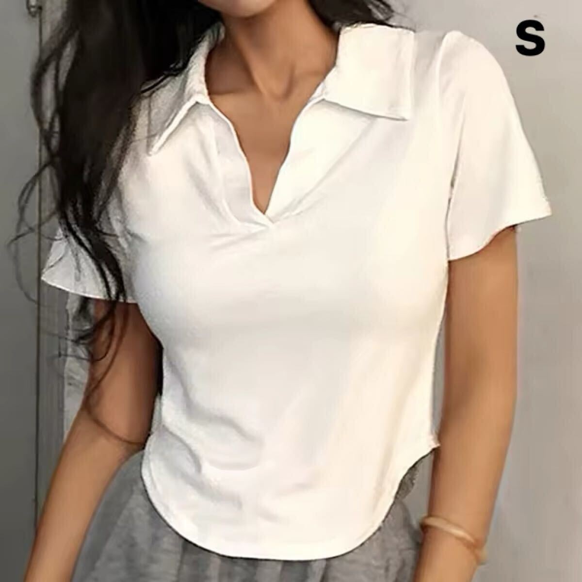 普段著?スポーツに＊襟つきVネック半袖トップス白Sサイズ Tシャツ