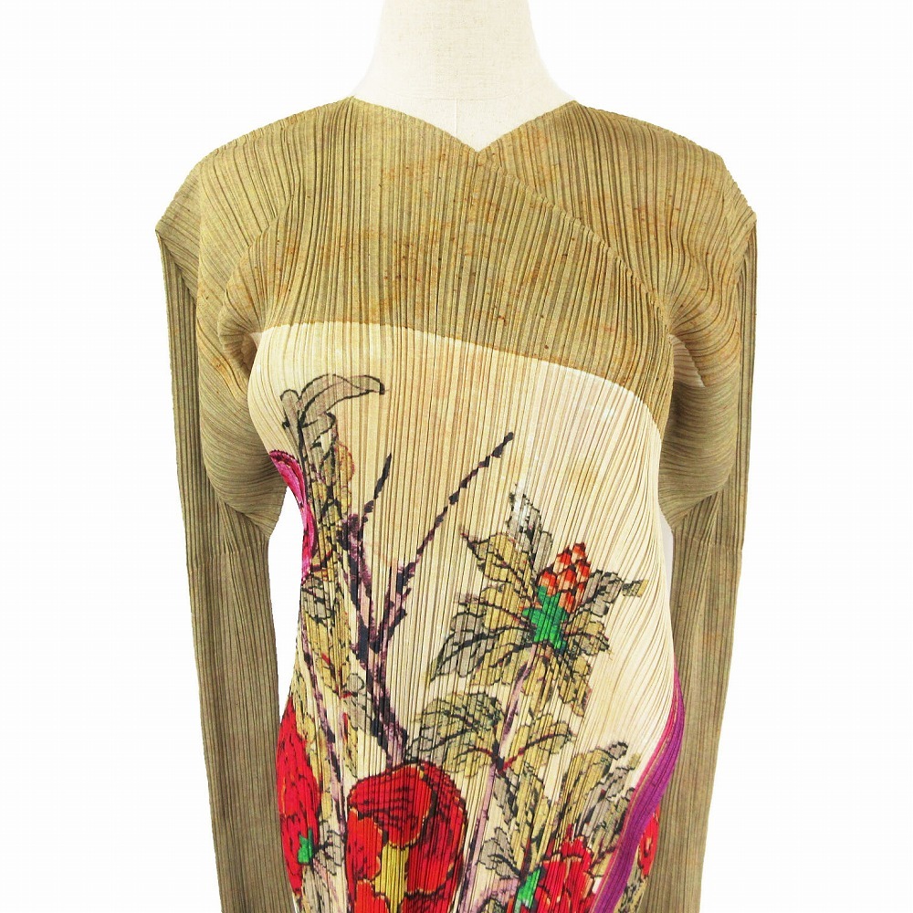 美品 90s 1998 PLEATS PLEASE ISSEY MIYAKE 牡丹 花柄 ロング カーディガン コート 羽織り サイズ4 XL ベージュ レディース 【中古】 /TNT_画像5