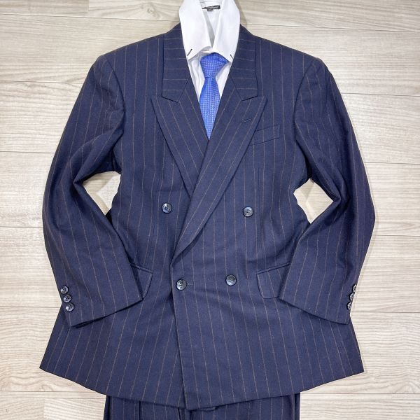 ダンヒル　dunhill　M?L程度　ネイビー　紺　ストライプ　ダブルスーツ セットアップ　ストライプ　総里　メンズ
