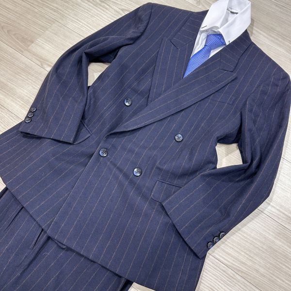 ダンヒル　dunhill　M?L程度　ネイビー　紺　ストライプ　ダブルスーツ セットアップ　ストライプ　総里　メンズ