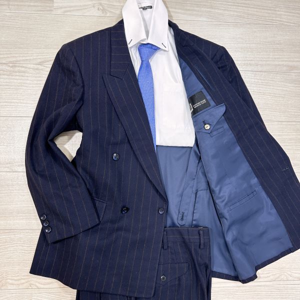 ダンヒル　dunhill　M?L程度　ネイビー　紺　ストライプ　ダブルスーツ セットアップ　ストライプ　総里　メンズ