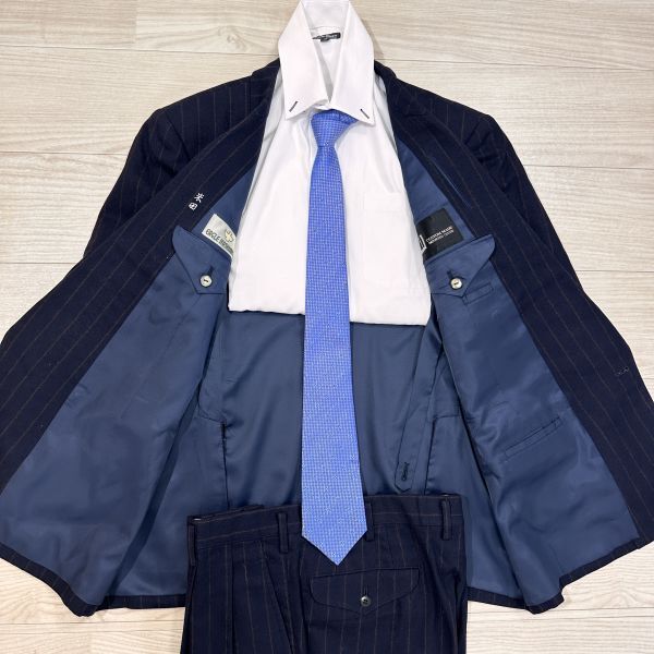 ダンヒル　dunhill　M?L程度　ネイビー　紺　ストライプ　ダブルスーツ セットアップ　ストライプ　総里　メンズ