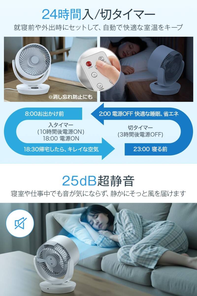 サーキュレーター 扇風機 3D首振り&マイナスイオン 卓上扇風機DCモーター 省エネ 25dB靜音 8段階風量調(diào)整 3モード 液晶タッチパネル