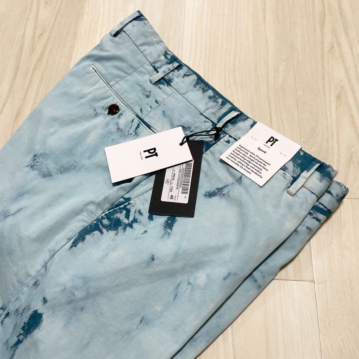 PT TORINO【未使用 タグ付】 パンツ スラックス Spark 48 Lサイズ位 総柄 ピーティートリノ ビジネス 通勤 仕事 メンズ ボタンロゴ 麻