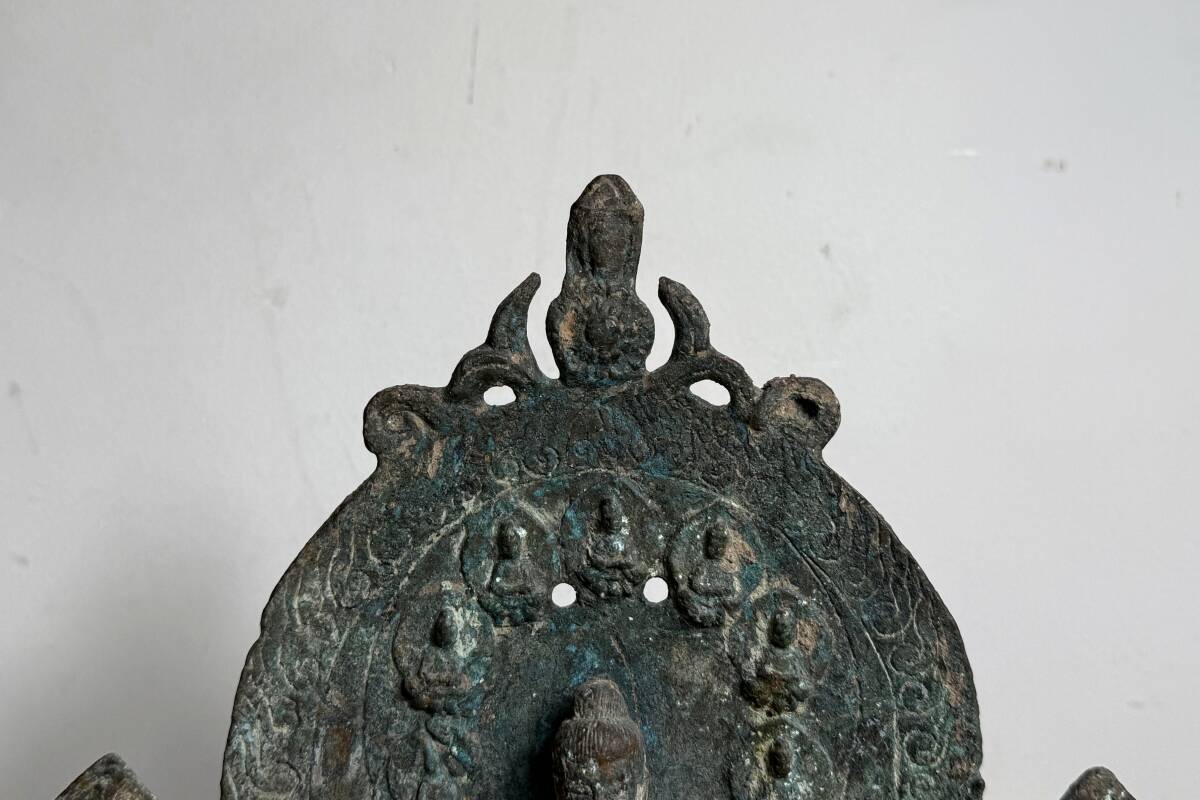 京都⑫￥ 時代物 中国 青銅 如来三尊像 チベット仏 高さ35cm