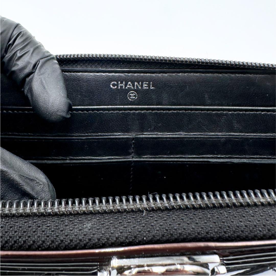 【美品】Chanel ボーイシャネル ラウンドファスナー パテント 長(zhǎng)財(cái)布 R2100
