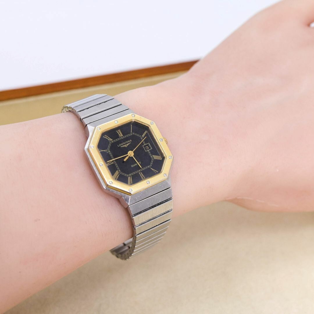 【高額売筋】 LONGINES 稼働 腕時計 ヴィンテージ 黒文字盤 レア オクタゴン 時計
