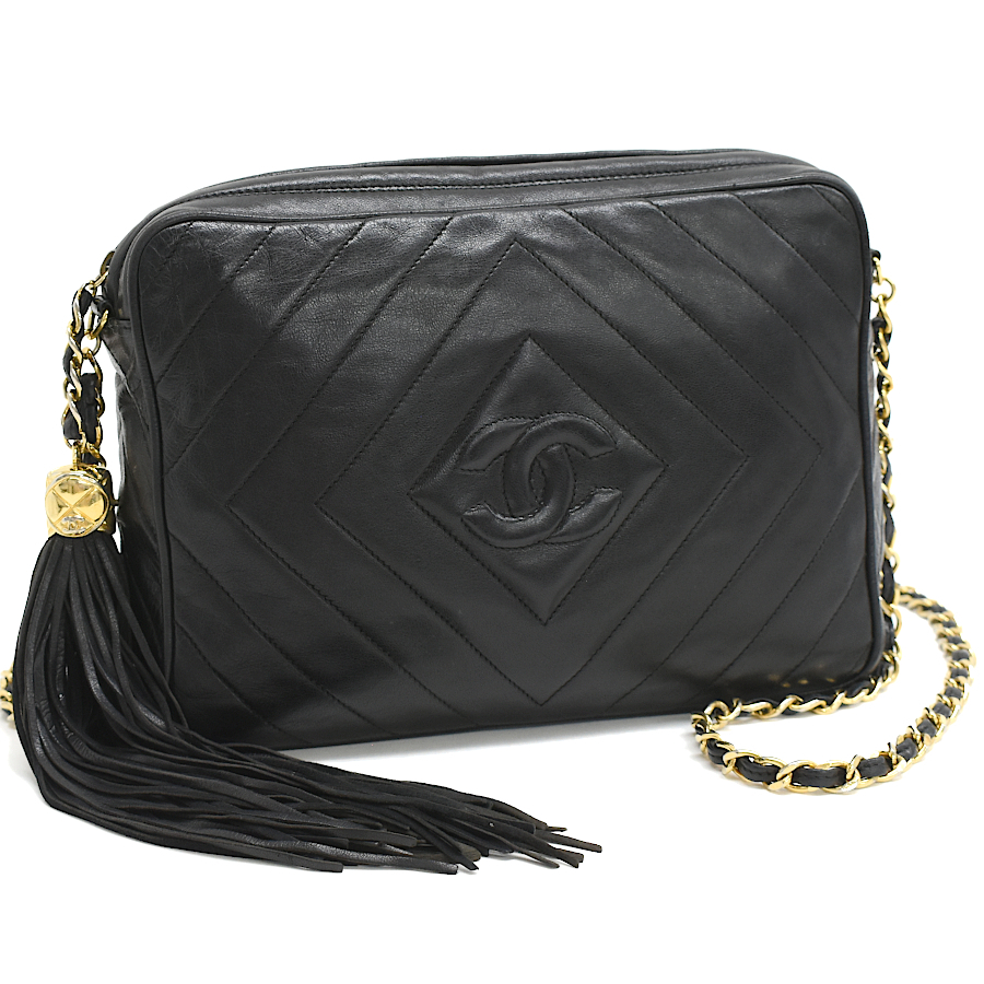 シャネル ダイヤステッチ タッセル チェーン ショルダーバッグ マトラッセ ラムスキン ブラック CHANEL