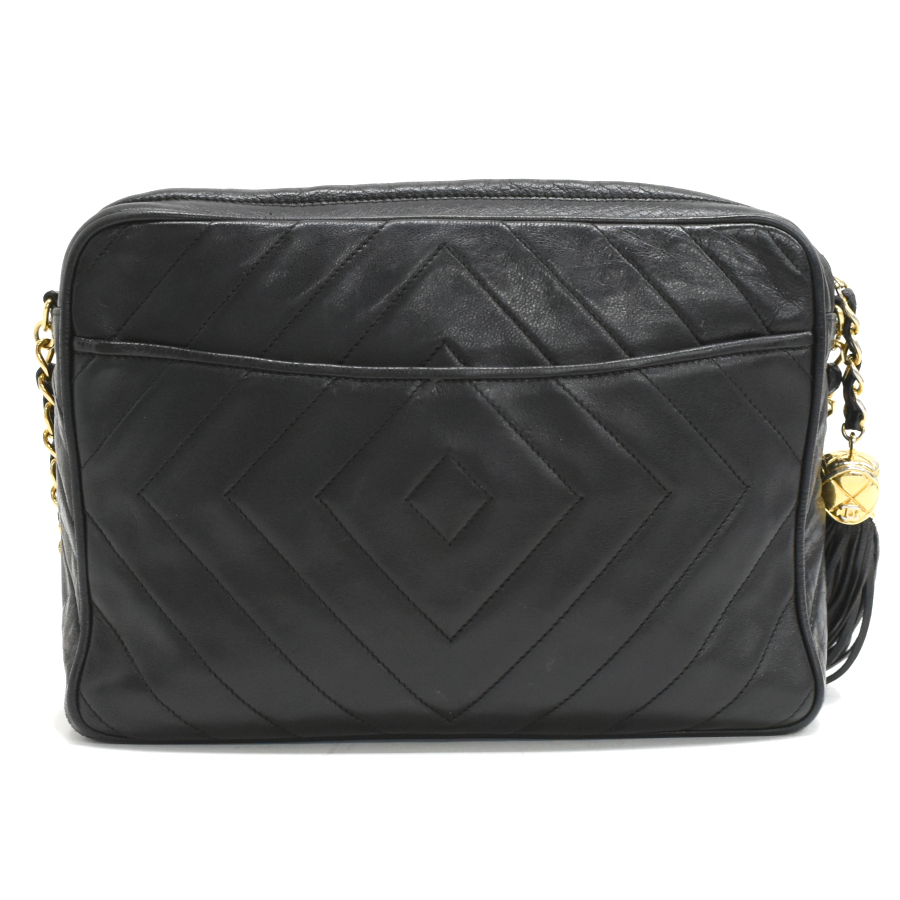 シャネル ダイヤステッチ タッセル チェーン ショルダーバッグ マトラッセ ラムスキン ブラック CHANEL