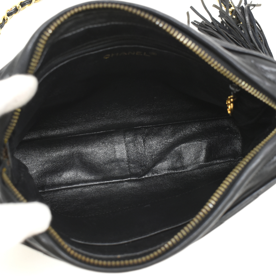 シャネル ダイヤステッチ タッセル チェーン ショルダーバッグ マトラッセ ラムスキン ブラック CHANEL