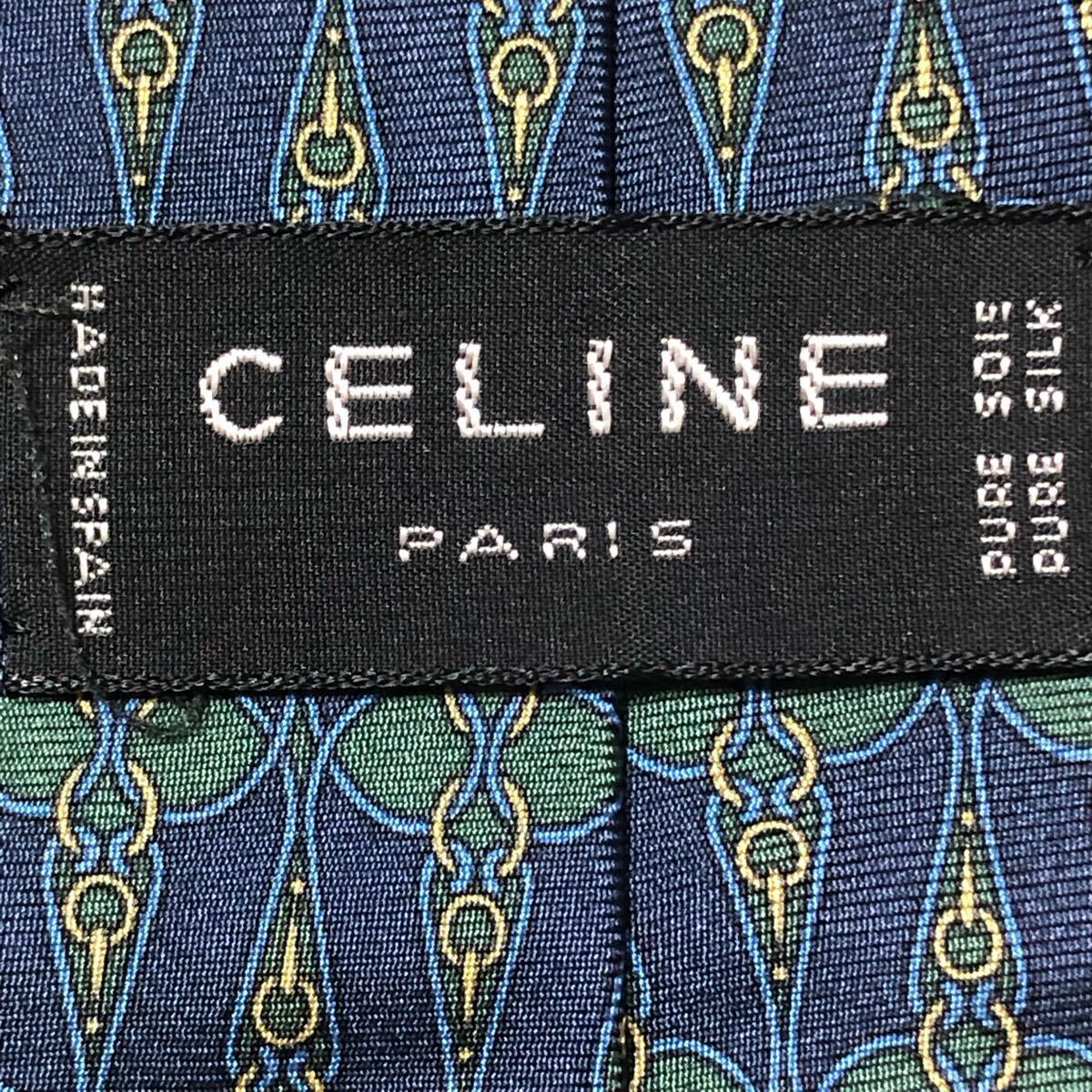■美品■CELINE セリーヌ　ネクタイ　金具　総柄　シルク100% スペイン制　ブルー×グリーン　ビジネス