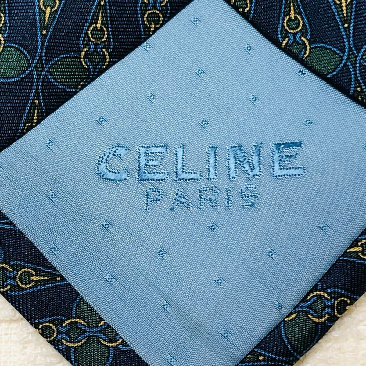 ■美品■CELINE セリーヌ　ネクタイ　金具　総柄　シルク100% スペイン制　ブルー×グリーン　ビジネス