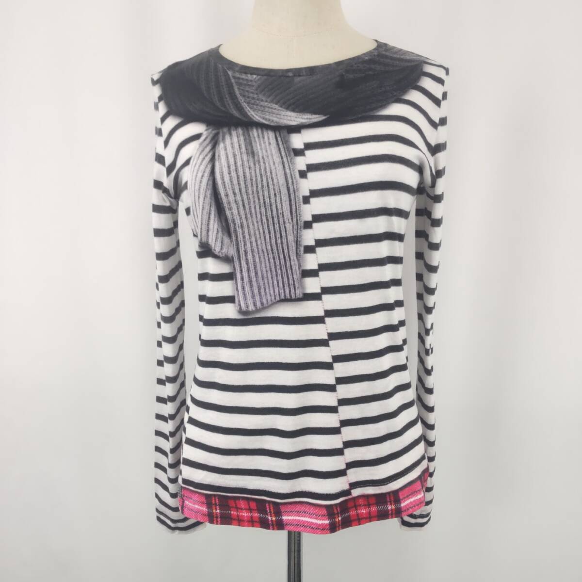  прекрасный товар *Paul Smith/Paul T[ paul (pole) * Smith ] футболка с длинным рукавом [ женский S/ белый × серый / Trick искусство muffler рисунок ]Tops/Shirts*BJ002-d