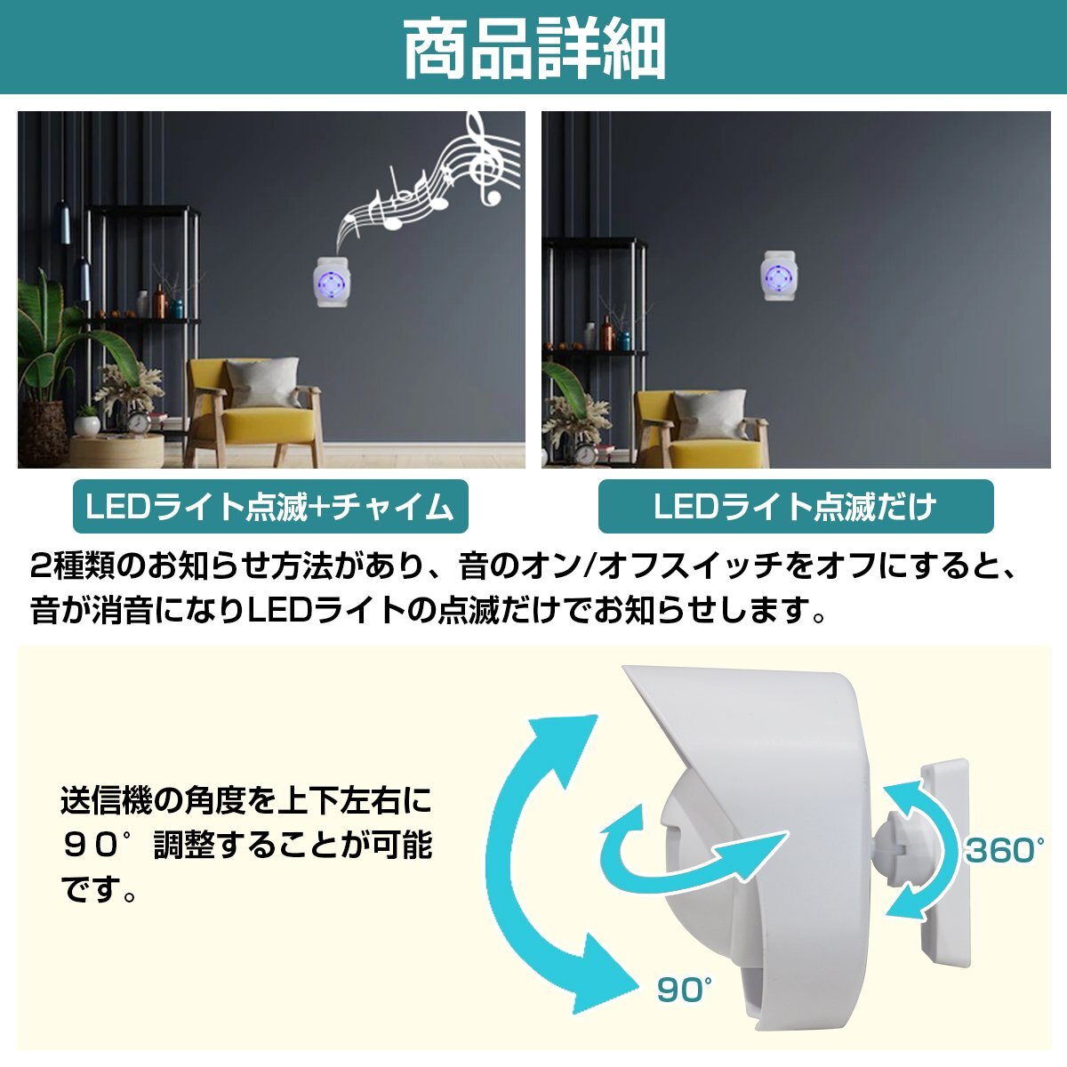 人感センサー チャイム ワイヤレスチャイム ブザー インターホン 玄関 介護 お知らせベル ドア 唿び出し 防犯アラーム 配線工事不要