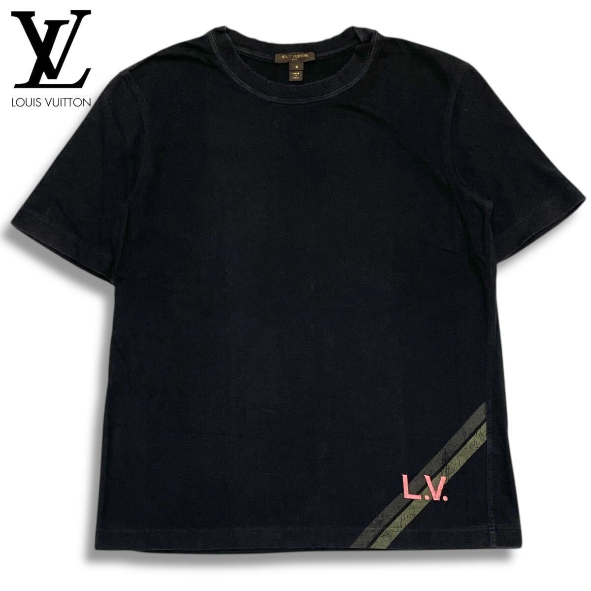 5 國(guó)內(nèi)正規(guī)品 LOUIS VUITTON ルイヴィトン 05AW MHJR03JAA LV ロゴ 刺繍 半袖コットン Tシャツ ブラック メンズ S イタリア制
