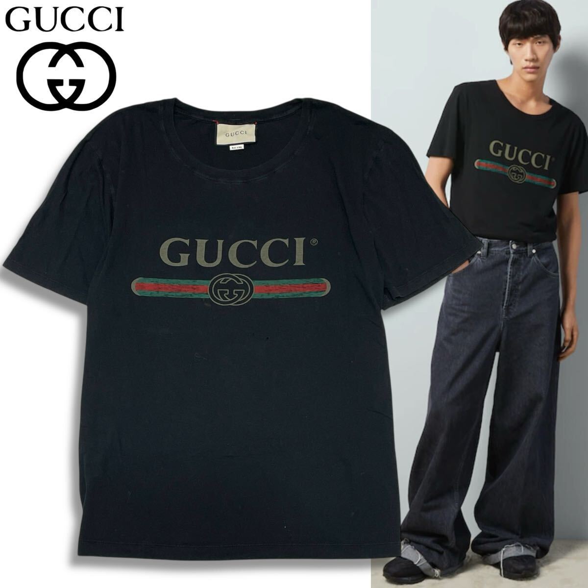 22 國(guó)內(nèi)正規(guī)品 GUCCI グッチ 440103 washed T-shirt with Gucci logo ウォッシュド 半袖コットン ヴィンテージロゴ Tシャツ XL ブラック