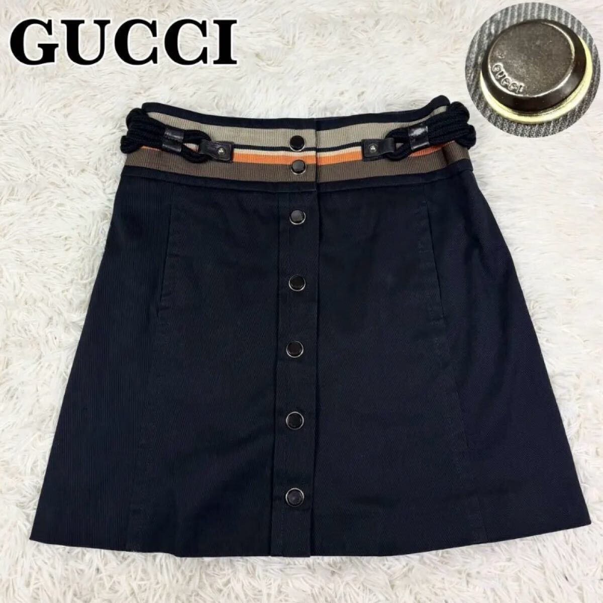 GUCCI グッチ 希少 巻きスカート ロゴ金具 シェリーライン 膝丈 ミニ タイト スカート 綿 ブラック 黒 38 レディース 