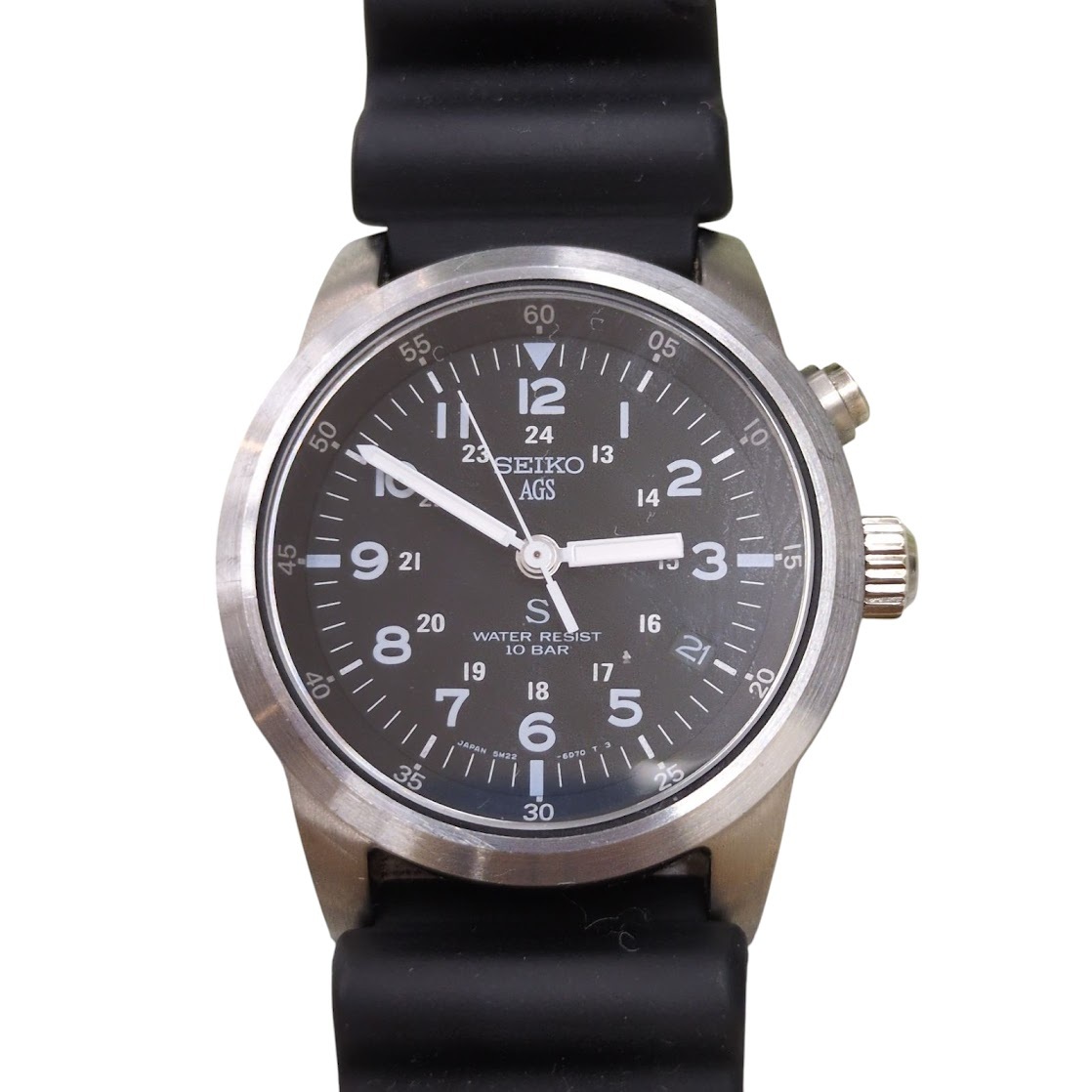 SEIKO SUS サス AGS ミリタリー文字盤 5M22-6C20 美品 SEIKO セイコー 5M22-6C20 AGS SUS サス 自動巻腕時計 黒文字盤