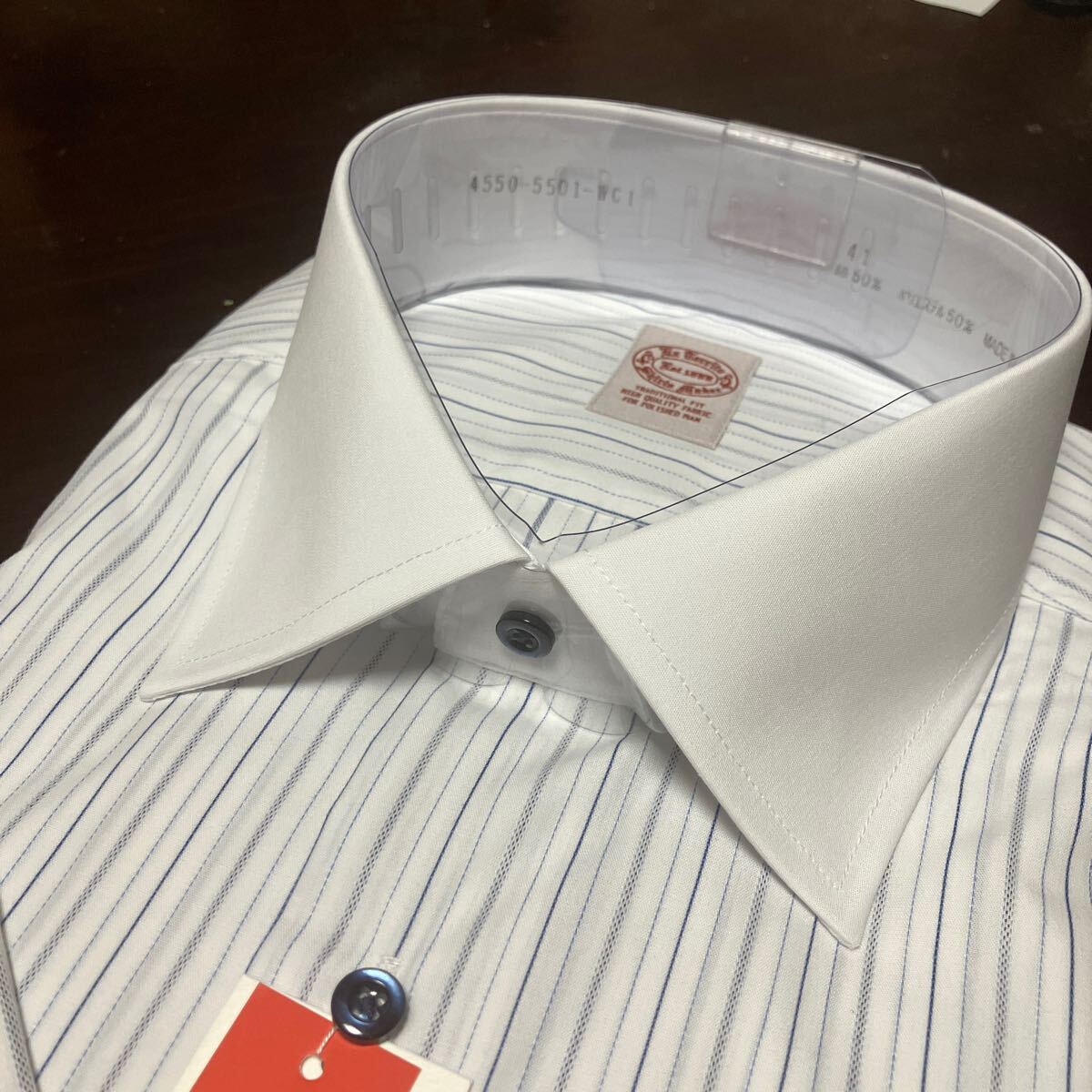 百貨店販売品　Exterrito　形態(tài)安定　クレリック　ブルーストライプ半袖ワイシャツ　M(首39㎝)　セミワイド　スリムフィット　送料無料