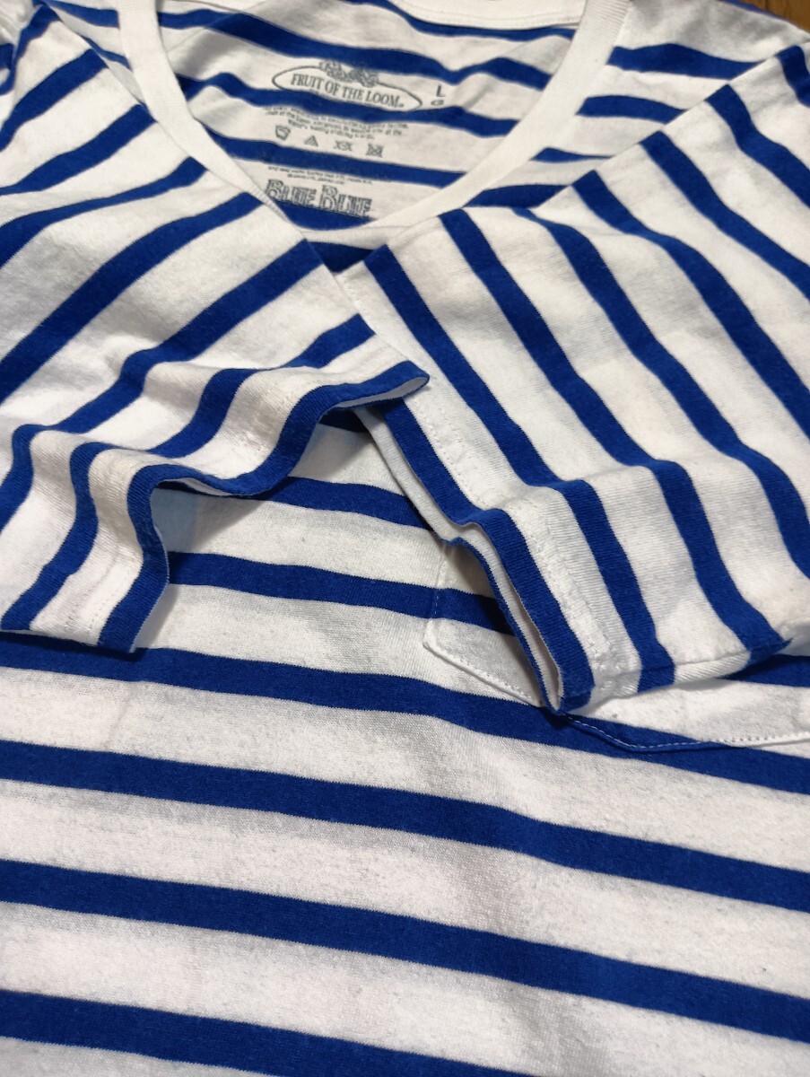 ブルーブルー BLUE BLUE Ｖネック ボーダー半袖Tシャツ　ハリウッドランチマーケット FRUIT OF THE LOOM別注　ハリラン　メンズ　サイズＬ