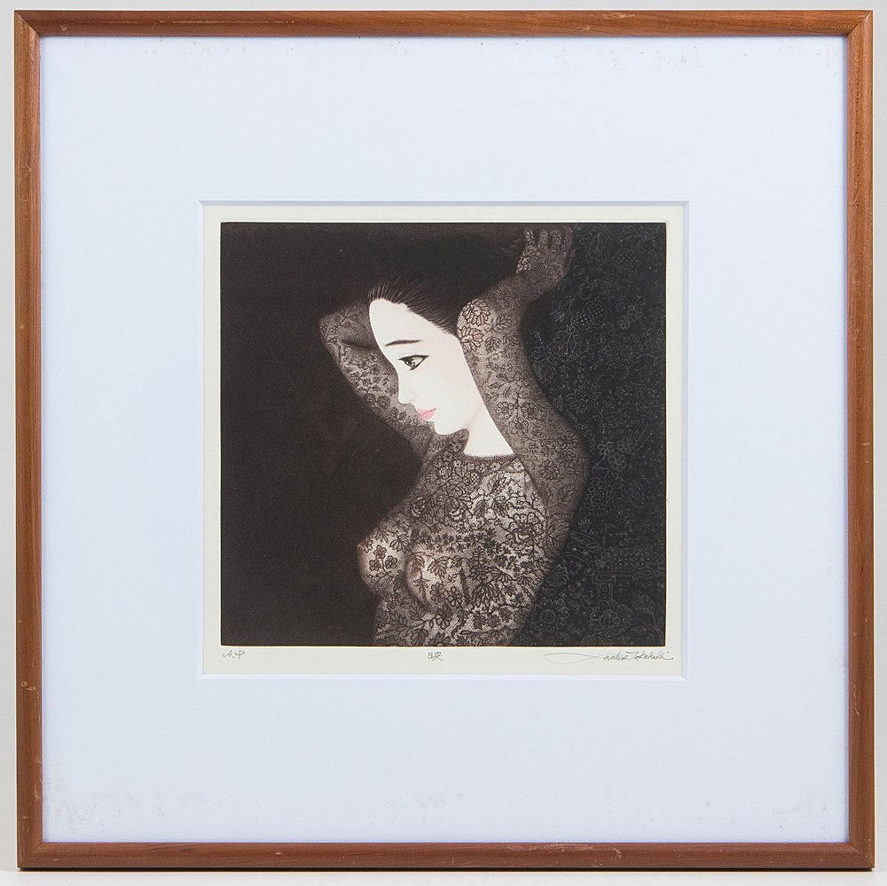 【真作保証】高橋潮 エッチング 直筆サイン 美人 版画 絵画 銅版画 五】真作 高橋潮 『映』 銅版画 直筆サイン 額装 / 神秘性の