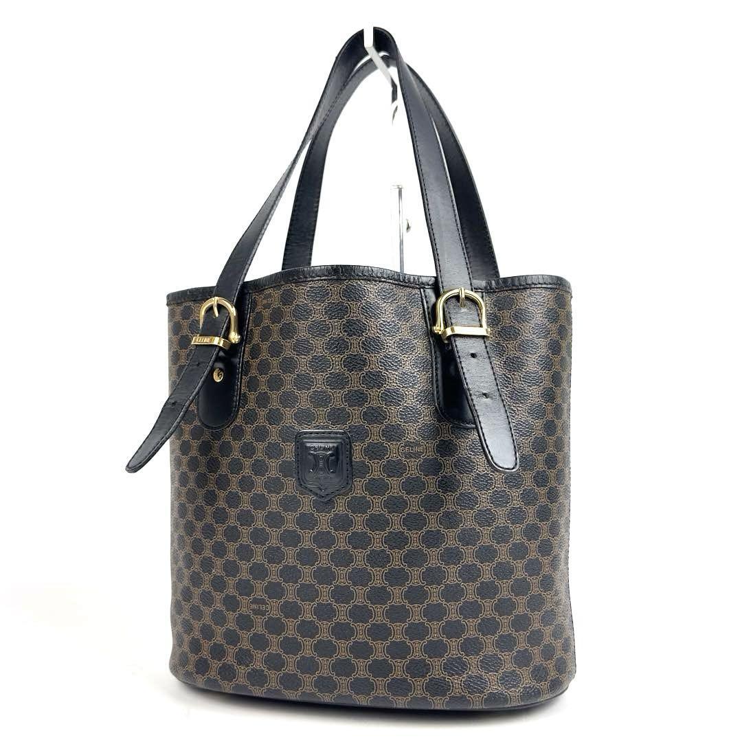 美品■CELINE セリーヌ トートバッグ ハンドバッグ 黒マカダム柄 トリオンフ ロゴ型押し PVC レザー メンズ レディース ユニセックス 黒