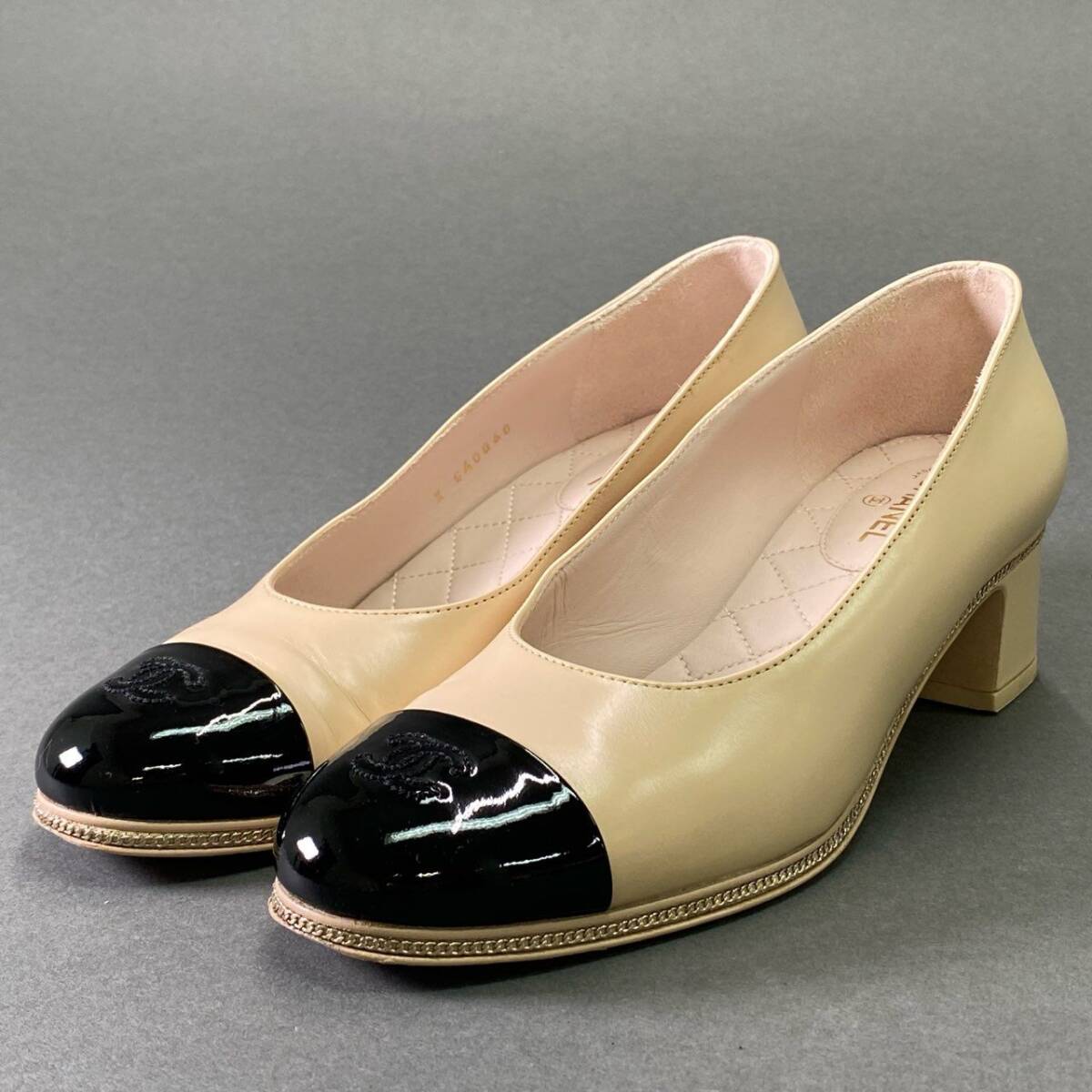 1f11 【美品】CHANEL シャネル 2022 バイカラー チャンキーヒール レザーパンプス G40060 サイズ36 1/2C レディース 女性用 靴