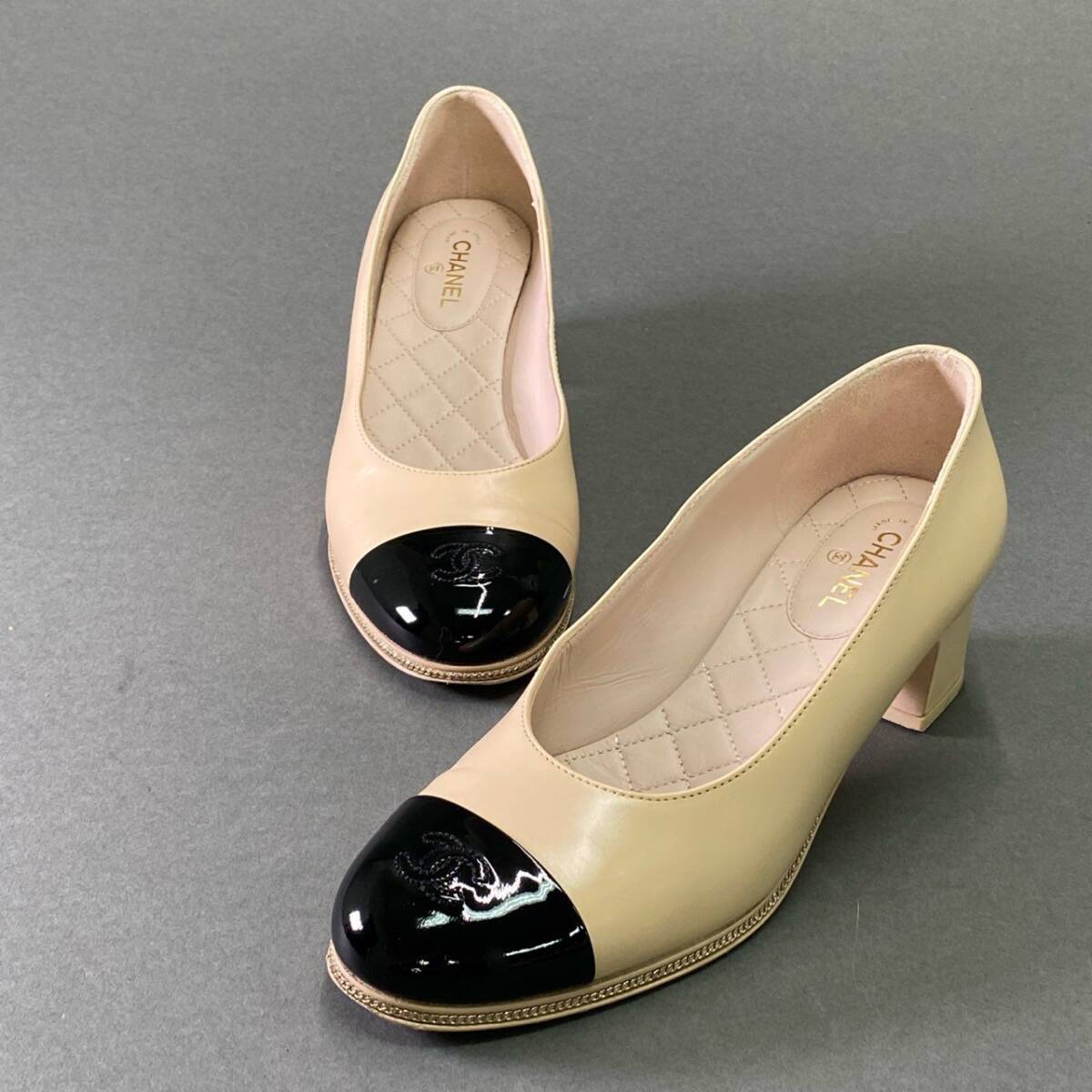 1f11 【美品】CHANEL シャネル 2022 バイカラー チャンキーヒール レザーパンプス G40060 サイズ36 1/2C レディース 女性用 靴