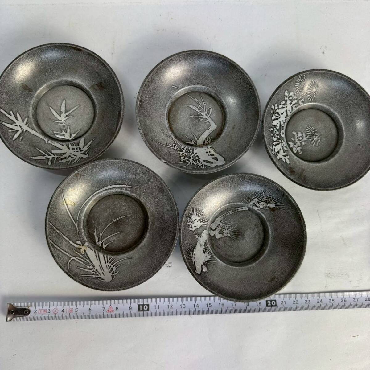 乾茂號造 茶托 五客セット 工芸美術品 金属工芸 煎茶道具 骨董 アンティーク 昭和レトロ Z他 R7605