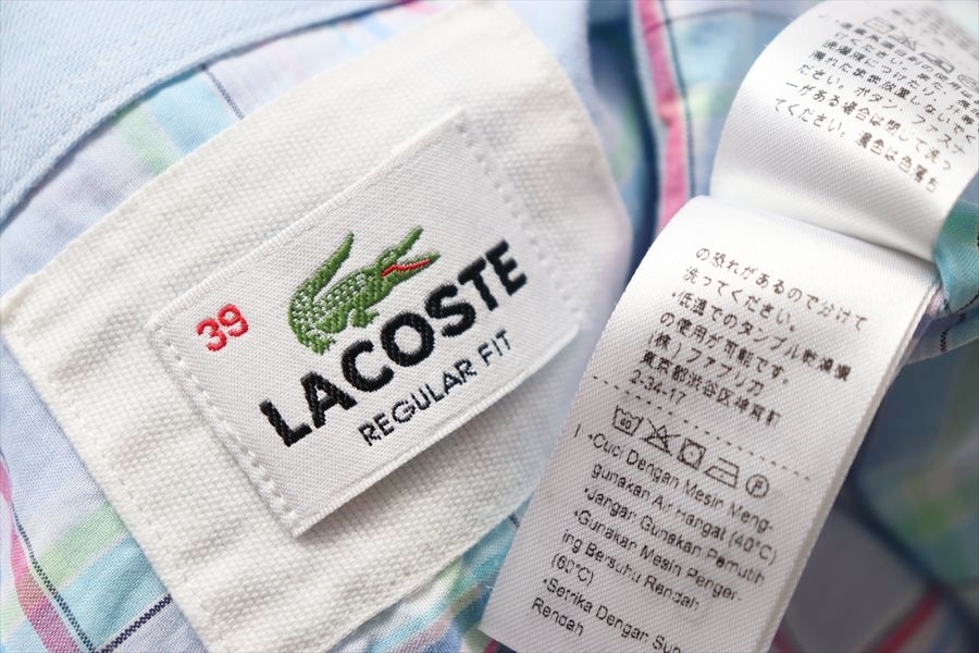 LACOSTE ラコステ ファブリカ メンズ BD 半袖 コットン チェックシャツ 39 水色/赤/黃緑