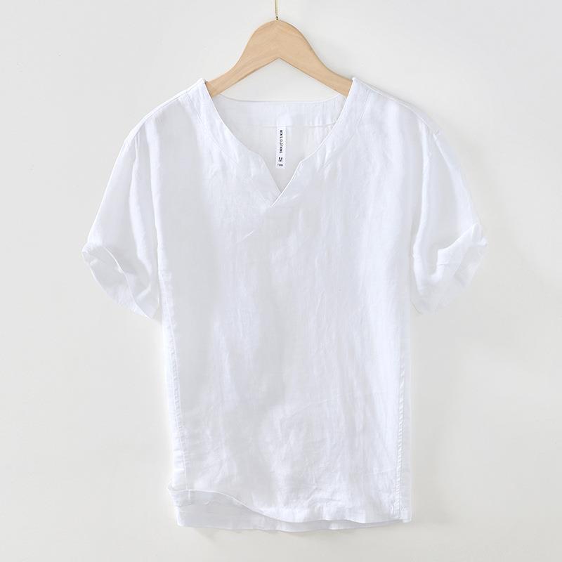 リネンTシャツ メンズ Vネック 無地Tシャツ トップス 半袖Tシャツ カットソー リネン100％ 薄手 夏 涼しい通気性 ホワイト/A1017-2XL