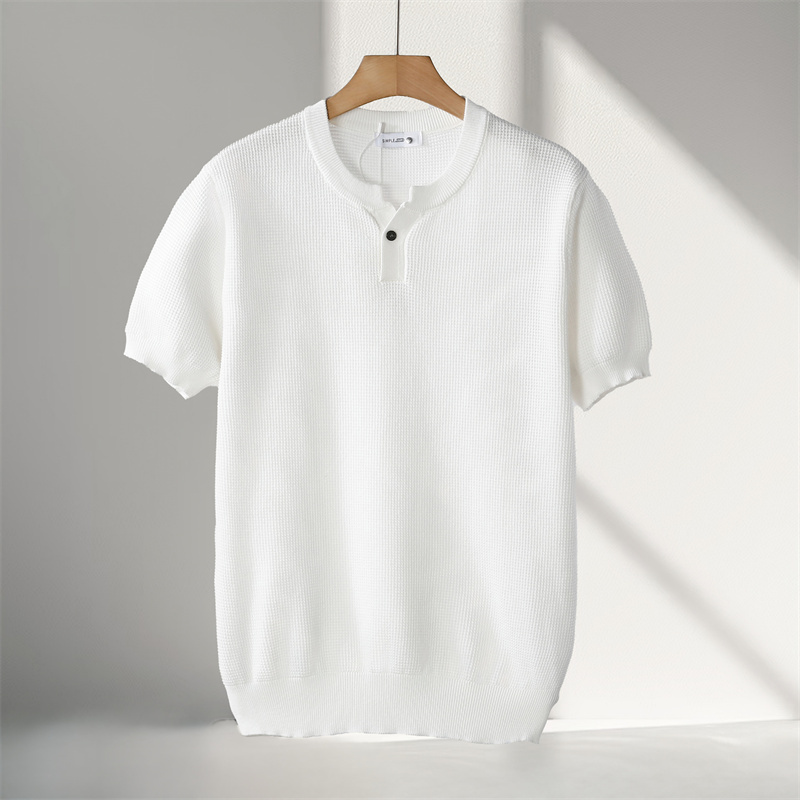 サマーニット ヘンリー 半袖 Tシャツ メンズ 無地Tシャツ カットソー 涼しい 夏 薄手ニット ゴルフシャツ ホワイト/A1027-XL