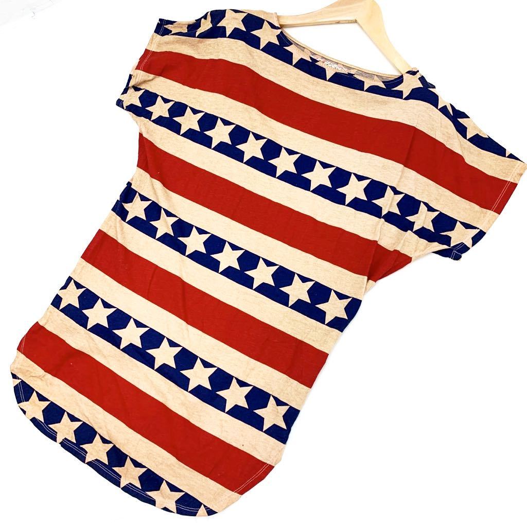  ■ザラベーシック ZARA BASIC 【好デザイン♪】星条旗柄 USA アメリカ スター柄 ロング丈 Tシャツ チュニック M-28■D_画像1