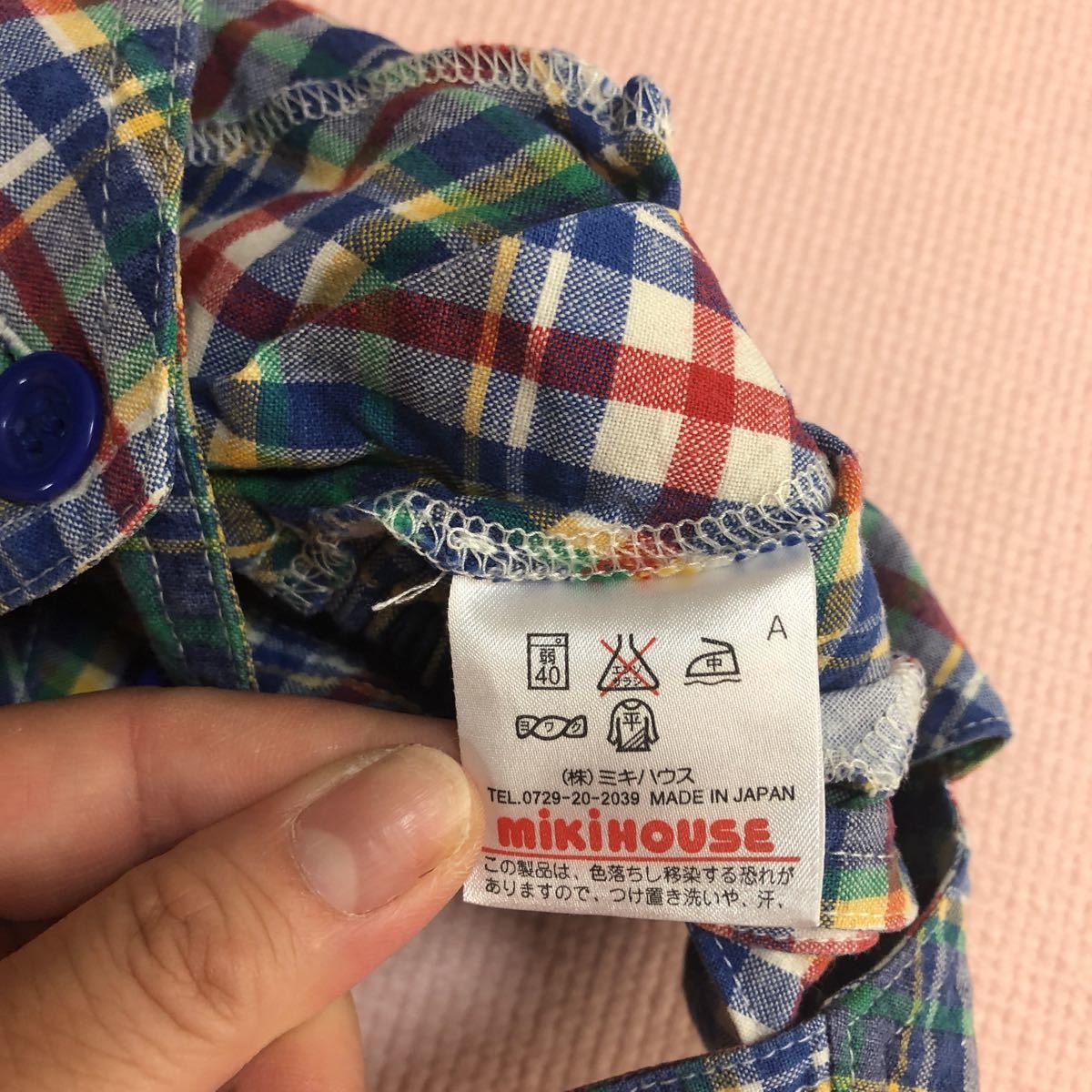 ミキハウス オーバーオール 80センチ　キッズ　ベビー服　ショートオール チェック柄　キリン　ゾウ　レトロ　MIKIHOUSE_画像6