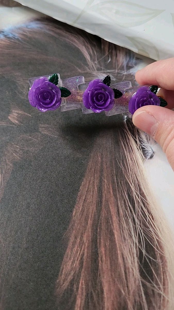 薔薇のヘアクリップ パープル ラメ入り