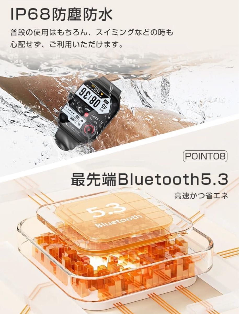 2025新登場 スマートウォッチ 黒 Bluetooth5.3通話 2.1インチ大画面 活動量計 歩数計 IP68防塵防水