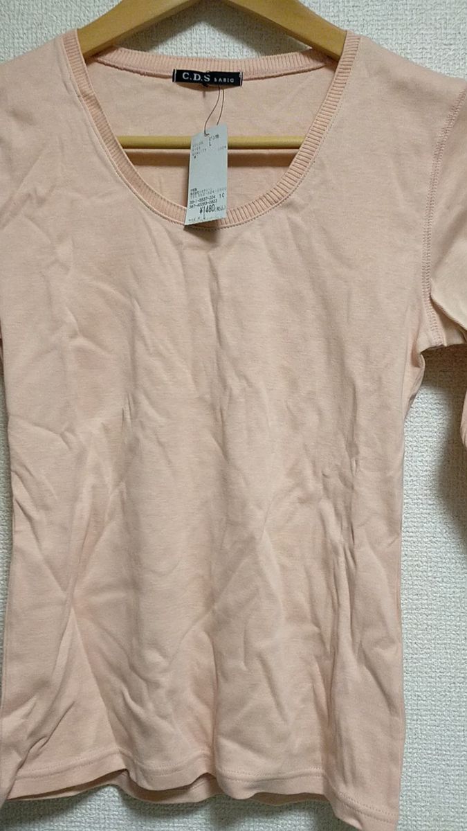 未使用タグ付 C.D.S.BASIC ピンクベージュ 七分袖 カットソー L 淡いサーモンコーラルピンク シンプル ロンTシャツ