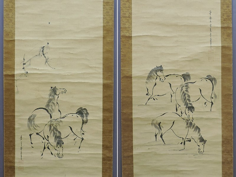 【不明】　江戸期　『馬之図』　双幅掛軸　箱あり　no155