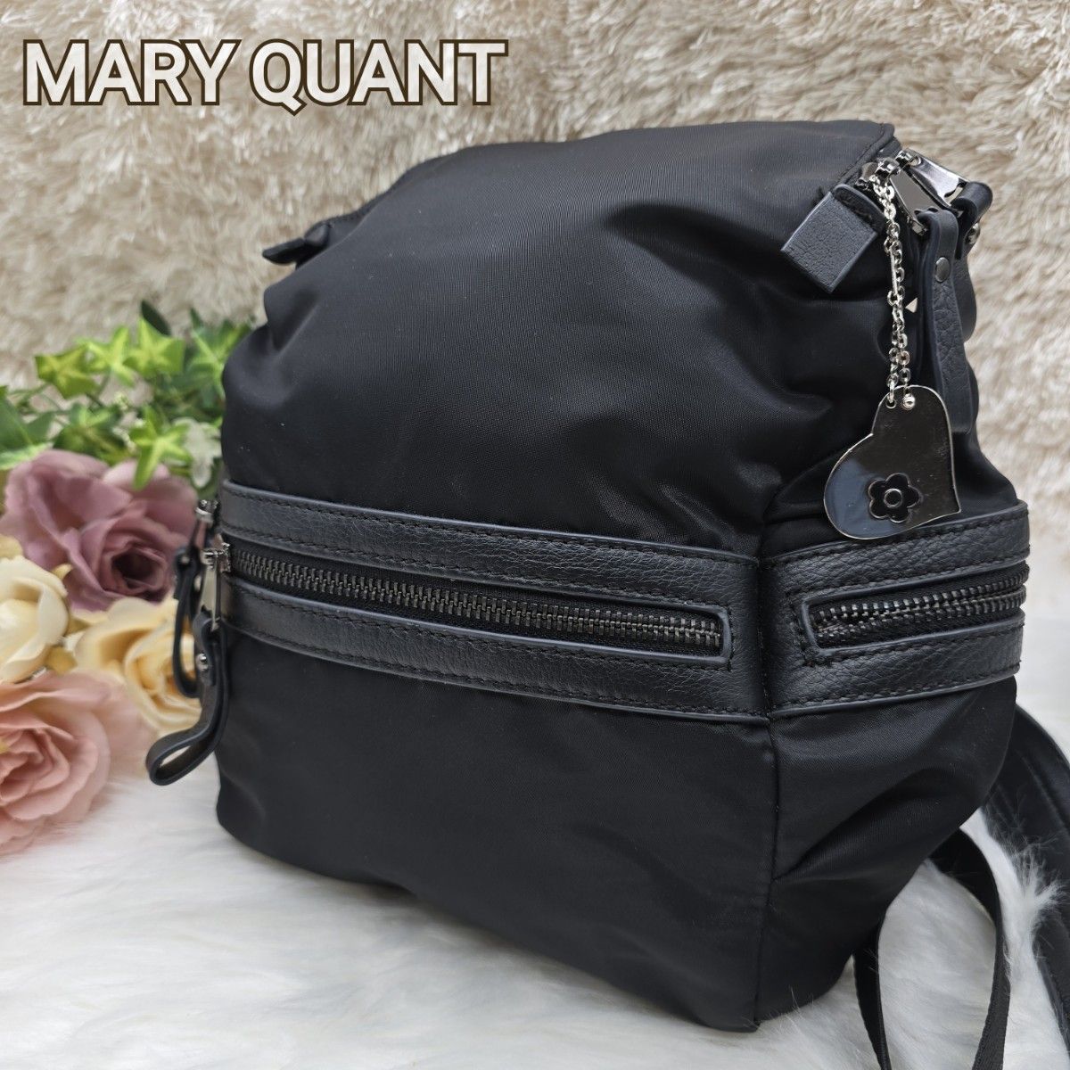 良品 マリークワント ナイロン リュック バックパック ナイロン 2WAY 黒 希少 】MARY QUANT マリークワント 2way ナイロン リュック 黒