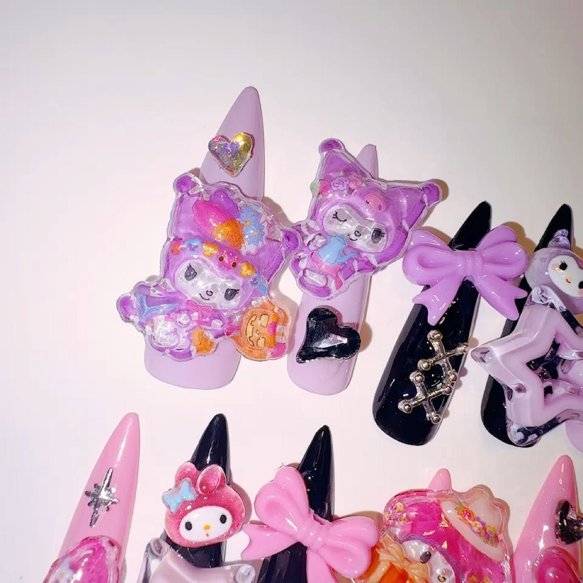 現品のみ ピンク 紫 ゴテゴテ 平成女児 ギャル ロング ネイルチップ ギャルネイル 地雷系 量産型 派手 ボンボンドロップ 韓国