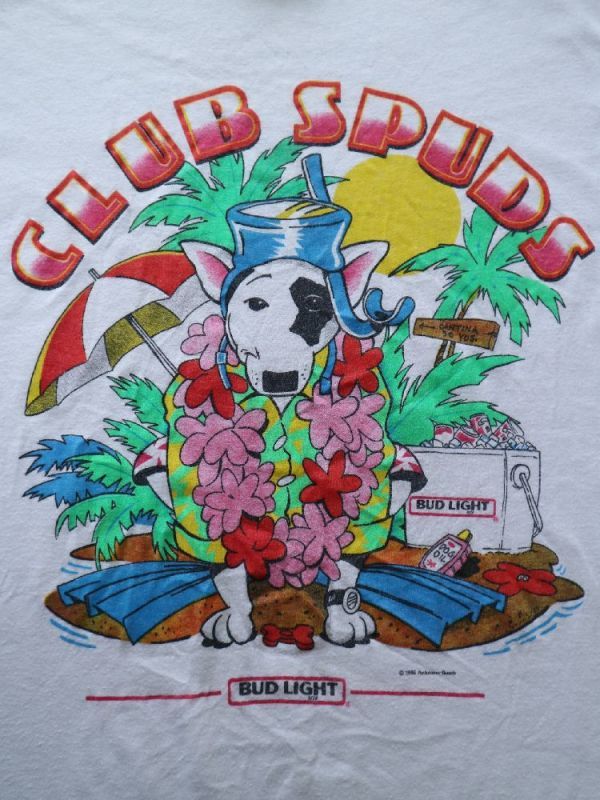 USA made 1986 year BUD LIGHTbado light spazma ticket ji- bull terrier dog Vintage T-shirt US- L size / 80s beer lamp signboard 
